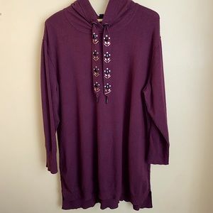 EUC Love & Legend burgundy sweater with jewelled hood strings